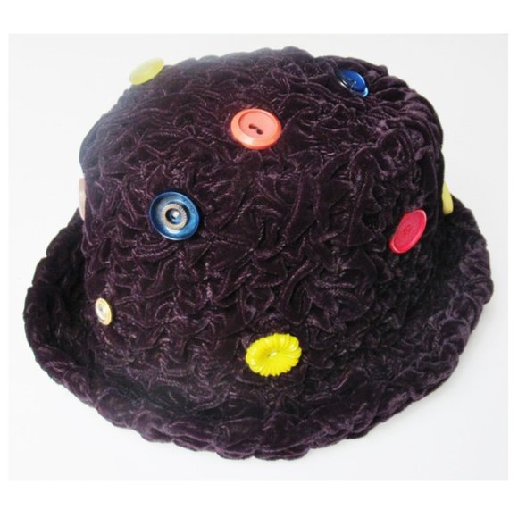 Upcycled Accessories - Deep Purple Velvet Hat Hand Ruched Fabric Decorated With Vintage Buttons